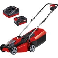 Red and black Einhell cordless lawnmower with brushless motor, 300mm cutting width, and detachable battery.