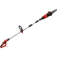 Red and black Einhell 18V pole pruner with telescopic handle and compact chainsaw head.