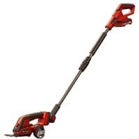 Red Einhell cordless grass and bush shear with telescopic handle and black trimming blades.