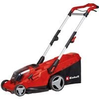 Red and black Einhell Power X-Change cordless lawnmower with 41cm cutting width and adjustable handle.