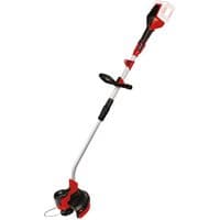 Red and black Einhell cordless lawn trimmer with adjustable handle and 30cm cutting width, bare unit without battery.