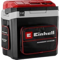 Black and red Einhell TE-COL 18/27 Li cooler and warmer with storage pockets and corded or cordless operation.