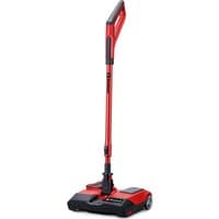 Red Einhell cordless floor sweeper with black base, slim handle, and two wheels, featuring a compact design.
