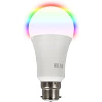 White electriQ dimmable smart LED bulb with B22 bayonet base, emitting rainbow colors at the top.