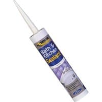 White Everbuild Bath and Kitchen Sealant tube with pointed nozzle and blue label featuring yellow text.