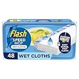 Flash Speedmop Wet Cloths, 48-pack, blue box with lemon graphic and cleaning icon, antibacterial multi-surface wipes