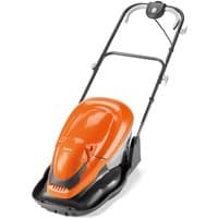 Orange Flymo Easi Glide 360 electric hover lawnmower with black handle and 36cm cutting width.