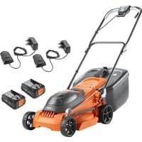 Orange Flymo EasiStore 380R rotary lawnmower with black wheels, foldable handle, and two 2.6Ah batteries with chargers.