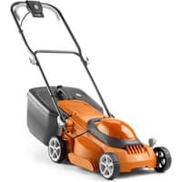 Orange Flymo EasiStore 380R electric rotary lawnmower with black grass box and foldable handle.