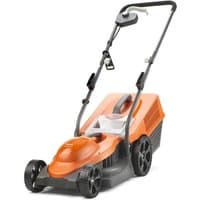Orange Flymo SimpliMow FSM320V electric rotary lawnmower with black wheels and adjustable handle.