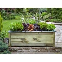 Rectangular wooden planter with lush green and purple foliage, featuring a natural finish and sturdy construction.