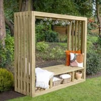 Wooden garden arbour seat with slatted sides, integrated bench, and decorative string lights, by Forest Garden.