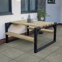 Wooden garden picnic bench with natural slatted seats and tabletop, dark frame, and rectangular design.