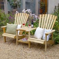 Wooden garden love seat with two high-back chairs, central table, and lower shelf, set on gravel with cushions and drinks.