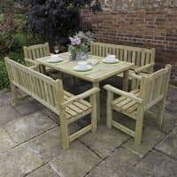 Wooden garden table set with two benches and two chairs, natural finish, placed on a stone patio.