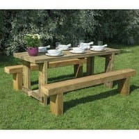Wooden garden table set with two benches, natural finish, rectangular 6'x2', set on green grass with white dishes.