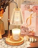 Funistree candle warmer lamp with dimmer, gold finish, ribbed glass shade, wooden base, next to decorative box.