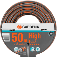 Gardena Comfort HighFLEX Hose 50m, black with orange stripes, coiled in a circular package with product details.