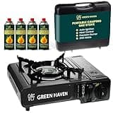Black Green Haven portable camping stove with carry case, four butane gas cans, automatic ignition, and heat control.