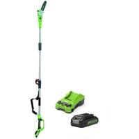 Greenworks green cordless polesaw with 20cm blade, includes 2.0Ah battery and charger, ergonomic handle design.