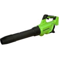 Greenworks 40V garden blower, bright green body, black nozzle, ergonomic handle, battery slot visible.