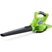Greenworks 40V cordless blower/vac in bright green with black nozzle and ergonomic handle.