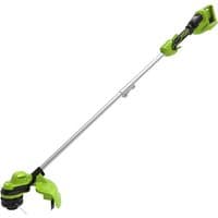 Greenworks 48V line trimmer with green accents, telescopic shaft, and ergonomic handle, bare unit without battery.