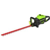 Greenworks 60V hedge cutter with green and black body, 66cm red blade, ergonomic handle, bare unit design.