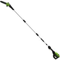 Greenworks 60V cordless polesaw with 25cm blade, green and black design, long extendable pole, bare unit.