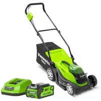 Greenworks green and black 35cm lawnmower with 40V battery, charger, and ergonomic handle.