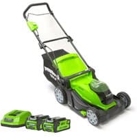 Greenworks 41cm cordless lawnmower, bright green with black accents, includes two 2Ah batteries and charger.