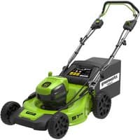 Greenworks GD60LM51SP 51cm lawnmower, bright green with black accents, 60V battery slot, adjustable handle, rear grass box.