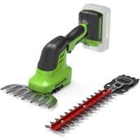 Green Greenworks 24V cordless grass and shrub shears with black handle and interchangeable red blade attachment.