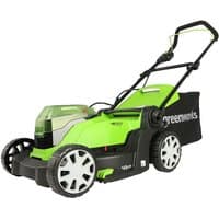 Greenworks 48V cordless lawnmower, bright green body, black wheels, adjustable handle, and rear grass collection bag.