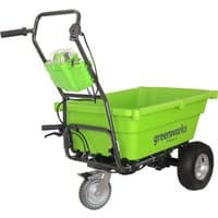 Greenworks GWG40GC 40V garden cart, bright green with black frame, three wheels, and battery compartment on handle.