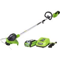 Greenworks 40V line trimmer with green accents, includes 2Ah battery and charger, ergonomic handle design.