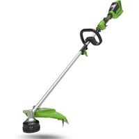 Greenworks 48V split shaft line trimmer, green accents, ergonomic handle, and black trimming head.