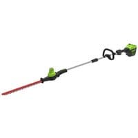 Greenworks 60V cordless hedge trimmer, long reach, green and black, 51cm blade, ergonomic handle, bare unit.