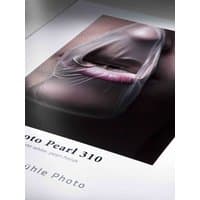 Hahnemühle Photo Pearl White paper with glossy finish, featuring a close-up image of lips wrapped in translucent material.