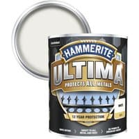 Hammerite Ultima Matt Metal Paint, White 750ml can with open lid, bold logo, and 12-year protection label.