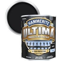 Black Hammerite Ultima Smooth Metal Paint 750ml can with protective metal lid and bold branding.