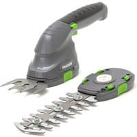 Gray Handy cordless shrub shear with green accents, detachable grass blades, ergonomic handle, and safety lock.