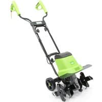 Green Handy THET1400 tiller with black handles, 43cm width, 1400W motor, and sharp tines for soil cultivation.
