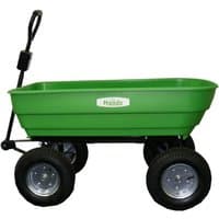 Green Handy THPDC dump cart with poly body, black handle, and four large black wheels with silver rims.