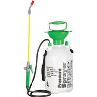 White Handy 5L sprayer with green handle, shoulder strap, and yellow spray wand with red nozzle.