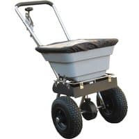 Gray Handy THSS80 push salt spreader with black handle, large wheels, and covered hopper.