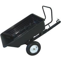 Black Handy THTPDC towed poly body dump cart with two wheels, metal handle, and hitch attachment.