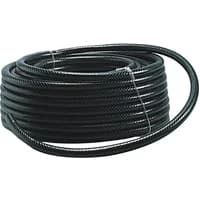 Green reinforced hose pipe, coiled, 50 meters long, textured surface, durable construction.