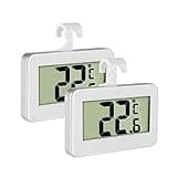 Pack of 2 white LCD digital thermometers with hanging hooks and retractable stands, displaying temperature in large digits.