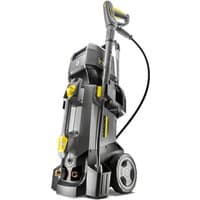 Gray Kärcher pressure washer with yellow accents, large wheels, and upright design for easy mobility.